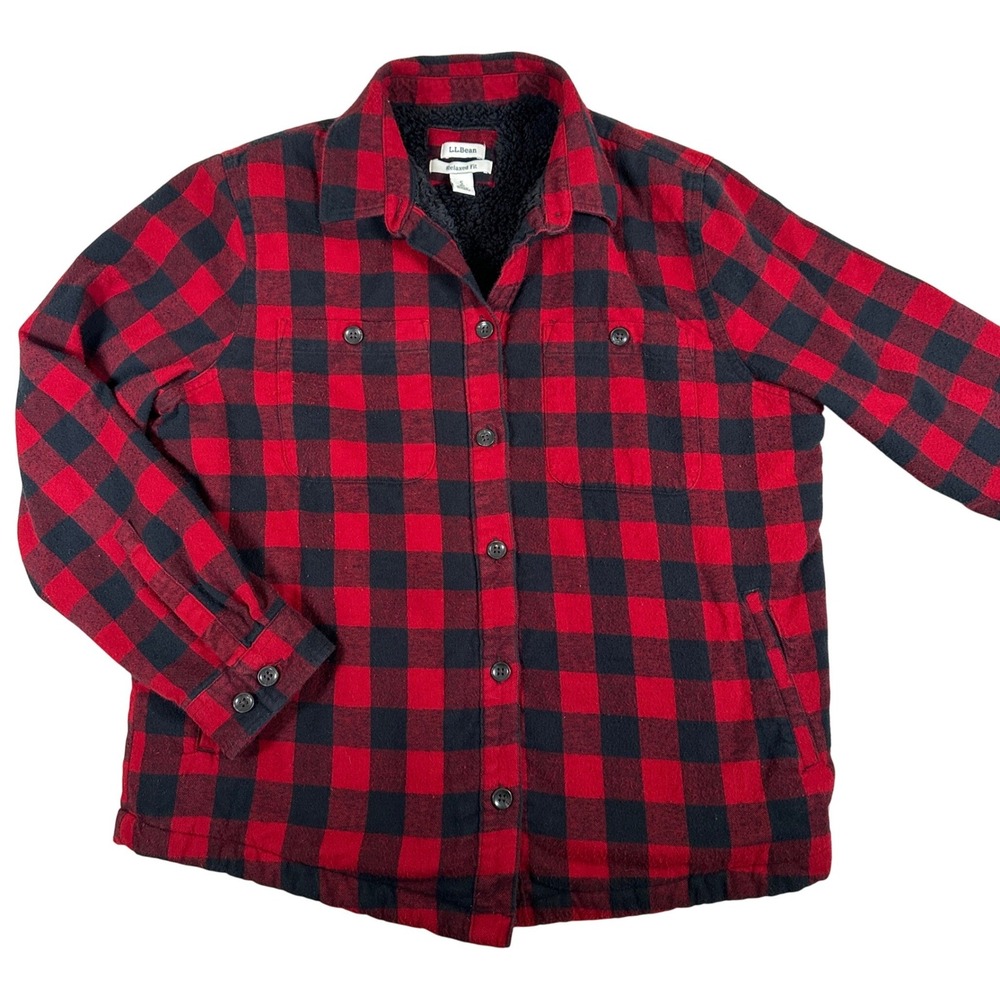 LL Bean Women Petite Red Buffalo Plaid Sherpa Line Flannel Shirt Jacket Shacket